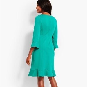 Talbots Teal Green Ruffle Sleeve Flounce Hem Ponte Knit Sheath Work Dress
